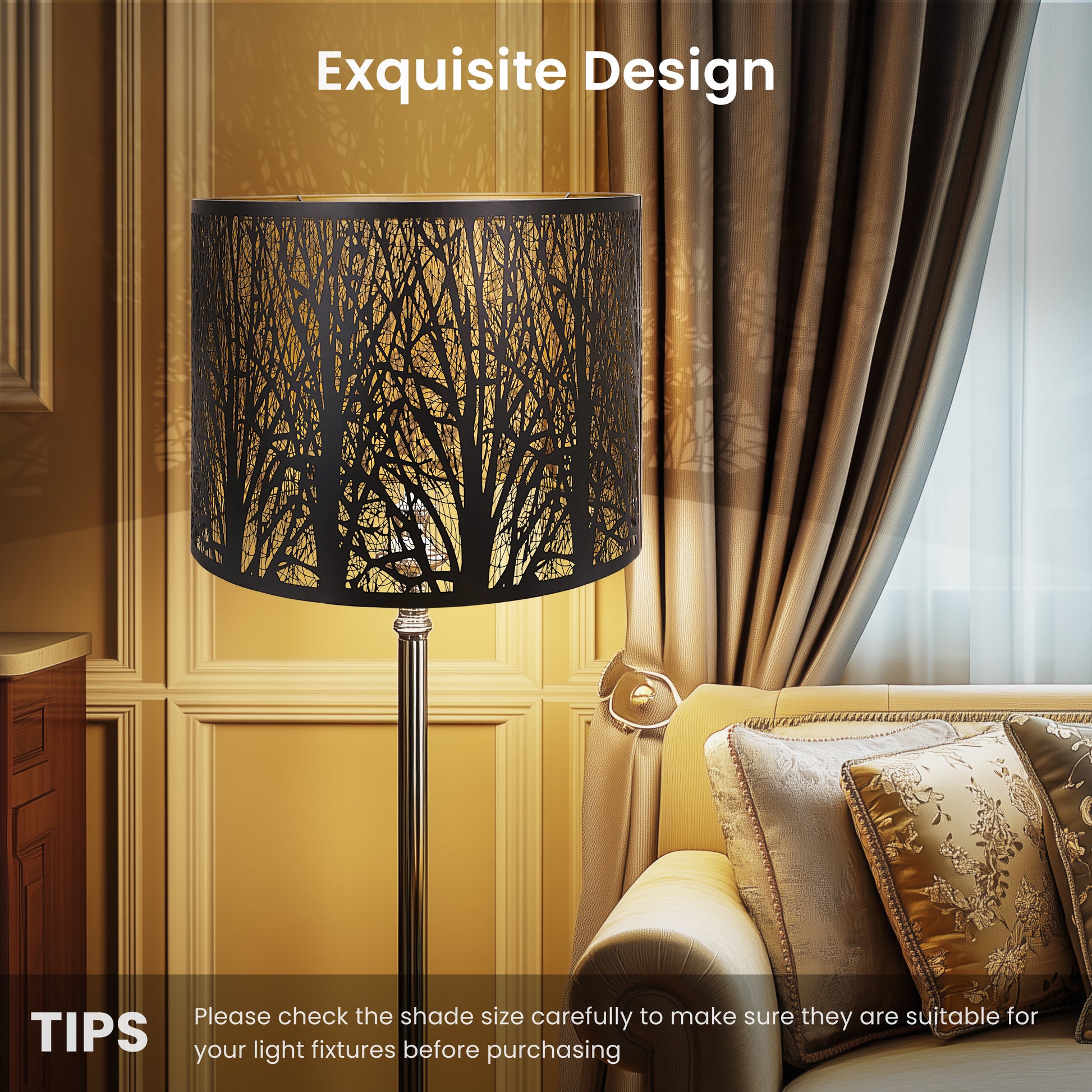 ALUCSET 16"×12" Drum Metal Lamp Shade, Black Gold Forest Etched Tree Shadow Lampshade with Spider Fitter for Table, Floor & Pendant Lights