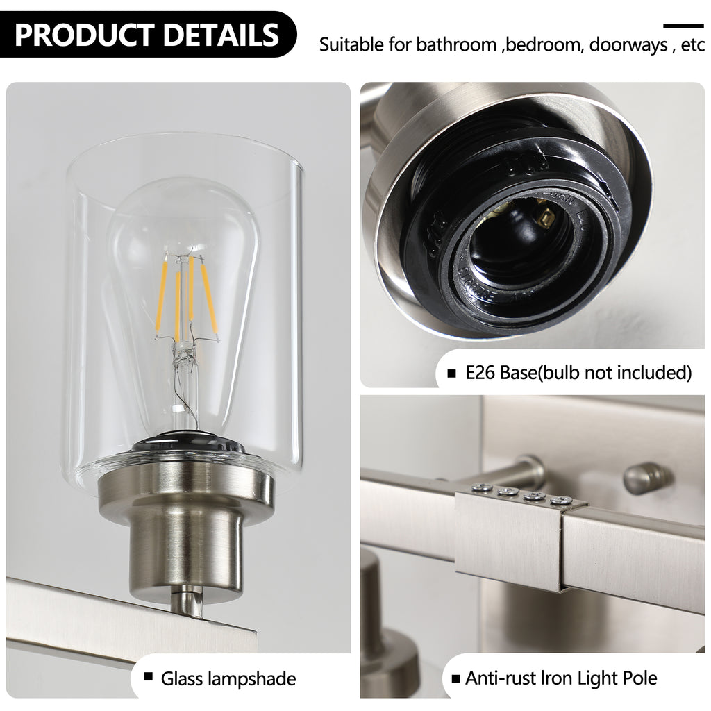 4-Light Vanity Makeup Mirror Lamp, Satin Nickel Iron Base & Lamp Cup Connector, Clear Glass Lampshade, Wall Mounted Makeup Light for Dressing Table, Bedroom & Bathroom Home Decor