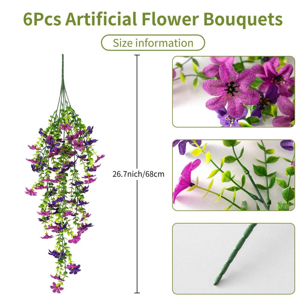 6Pcs Artificial Hanging Orchid Flowers, 26.7in/68cm UV Resistant Fake Trailing Flower Vines for Porch Patio Outdoor Fall Season Decor