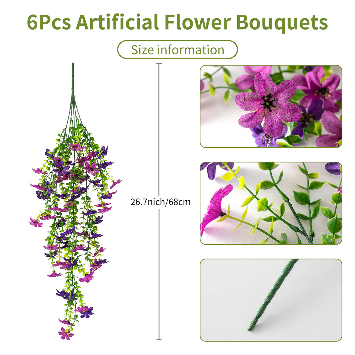 6Pcs Artificial Hanging Orchid Flowers, 26.7in/68cm UV Resistant Fake Trailing Flower Vines for Porch Patio Outdoor Fall Season Decor