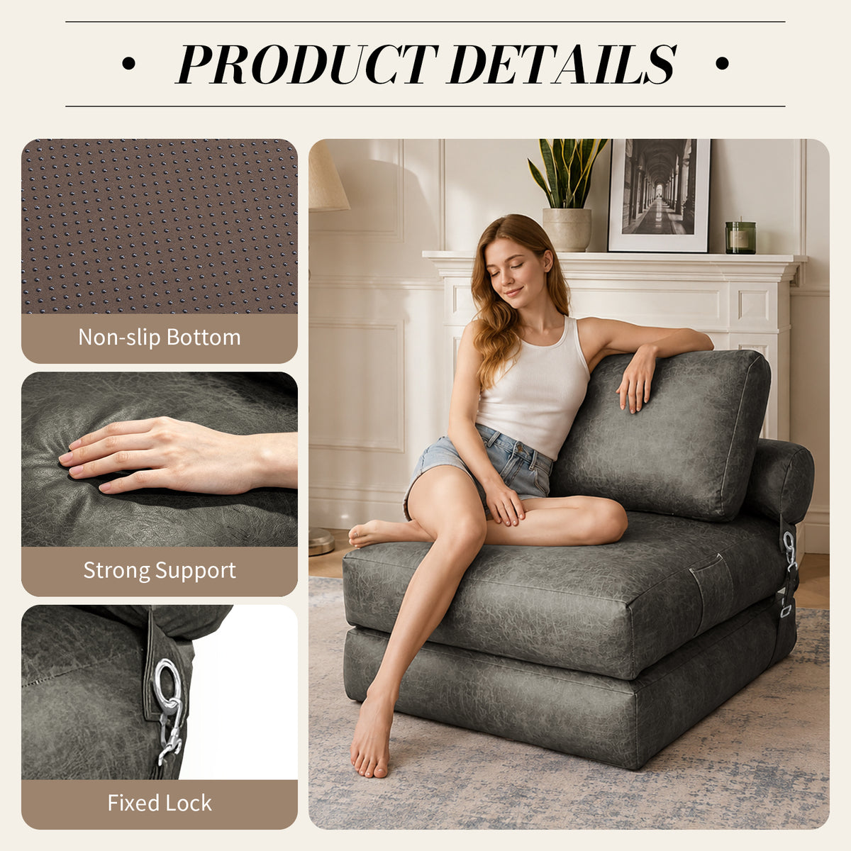 AEELLEEA 3-in-1 Convertible Folding Sofa Bed, Foam Sleeper Chair with Pillow, Floor Sofa for Living Room and Bedroom, Dark Gray