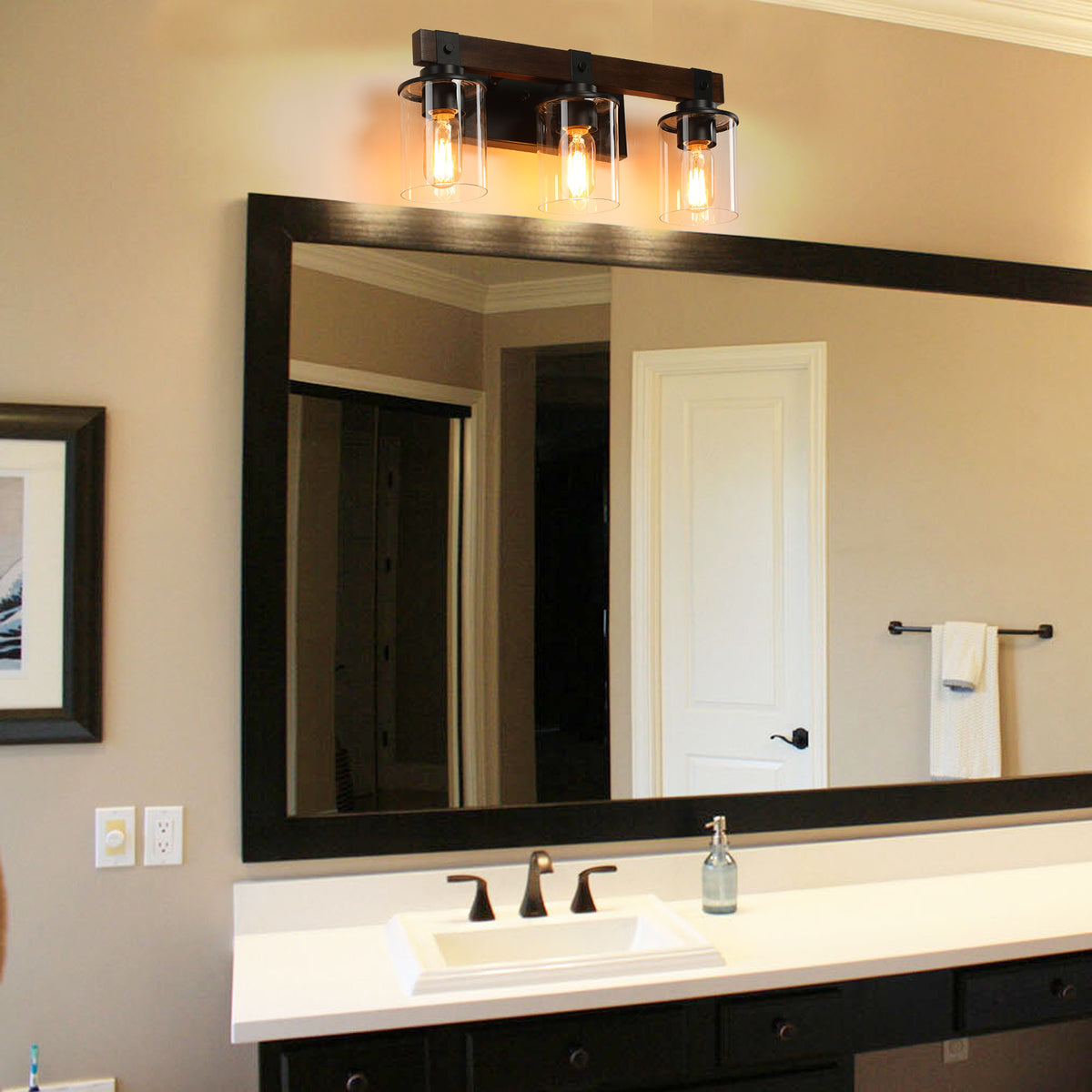 3-Light Vanity Mirror Lighting, Solid Wood Lamp Pole, Iron Base & Lamp Cup Connector, Glass Lampshade, Matte Black Metal Frame with Walnut Finish, Makeup Lights for Dressing Table Bedroom Bathroom Decor
