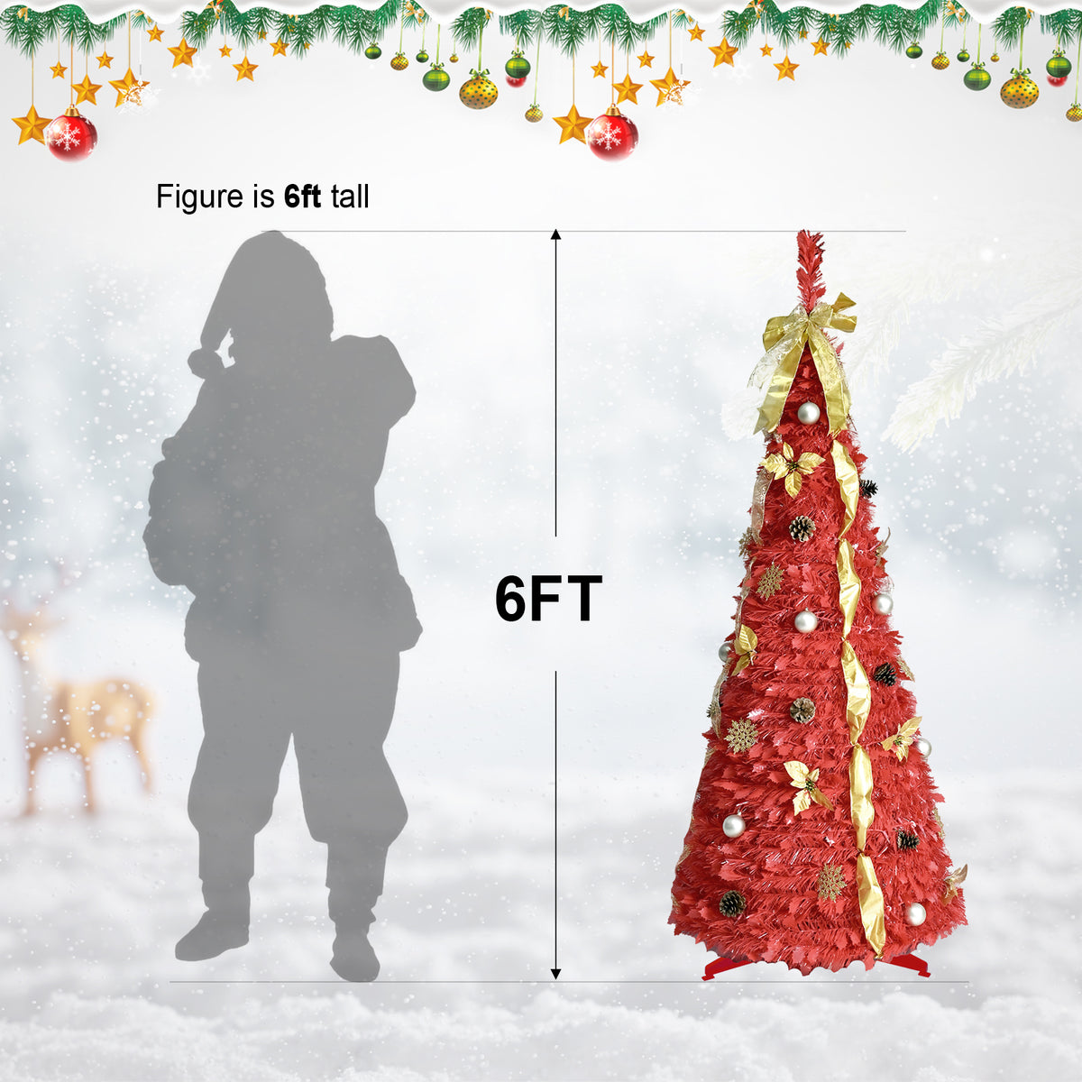 6FT Red Pop-Up Christmas Tree with 150 Warm White LED Lights, 4 Ribbons, Bows, Flowers, Snowflakes, Pine Cones & Balls, Holiday Decor