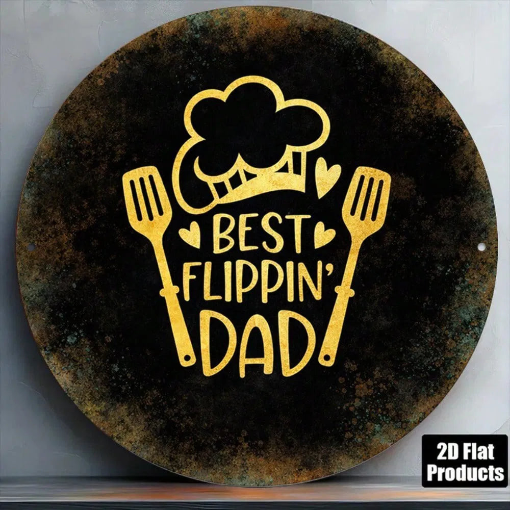 AEELLEEA-8 Inch Round Retro Metal Tin Sign, Best Flippin Dad Kitchen BBQ Wall Plaque, Father's Day Gift for Dad