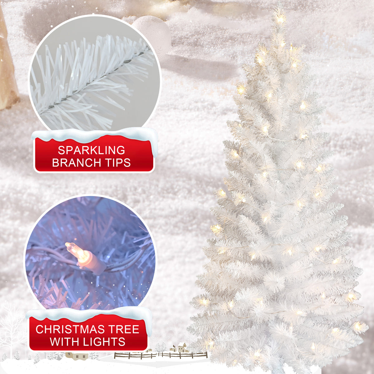 3 FT White Christmas Tree with 30 Pre-Strung UL Lights, 88 Tips Artificial Holiday Tree with Plastic Stand for Indoor Home Decor.