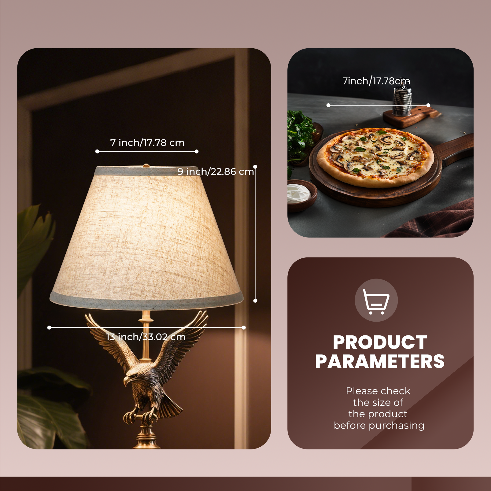 Set of 2 Light Brown Linen Barrel Lamp Shades, 7" Top x 13" Bottom x 9" High, Spider Fitter with 7" Harps for Table & Floor Lamps