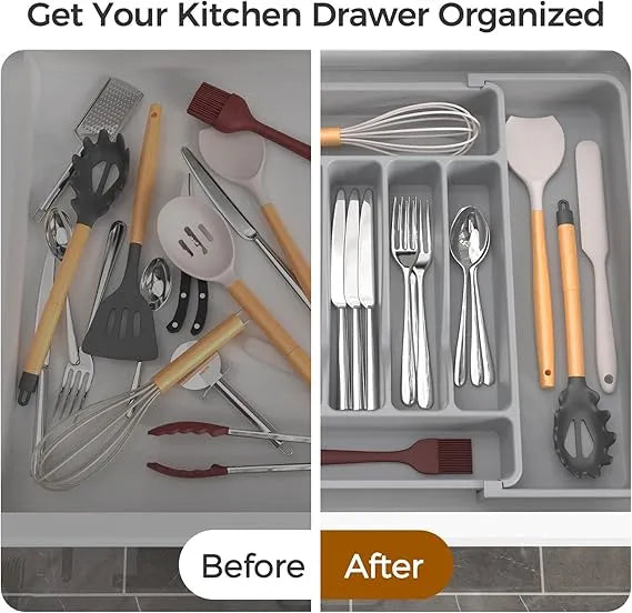 AEELLEEA Expandable Silverware Organizer Tray, Gray Adjustable Kitchen Drawer Utensil Holder for Flatware