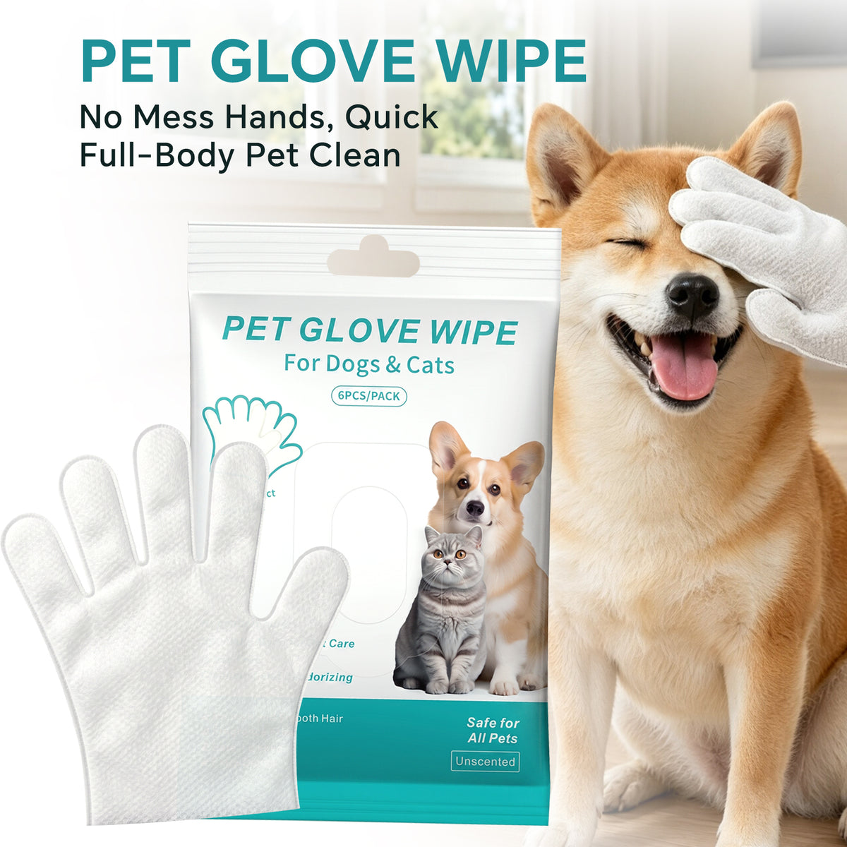Pet Cleaning Kit 6-in-1, Includes Pet Glove Wipes, Eye Wipes, Teeth Finger Wipes, Ear Drops, Deodorizing Spray & Paw Cleaner Foam for Dogs and Cats
