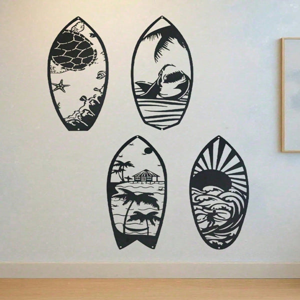 AEELLEEA-4Pcs Metal Surfboard Wall Art, Coastal Beach Nautical Iron Surfboard Hanging Decor for Living Room Bedroom Bathroom