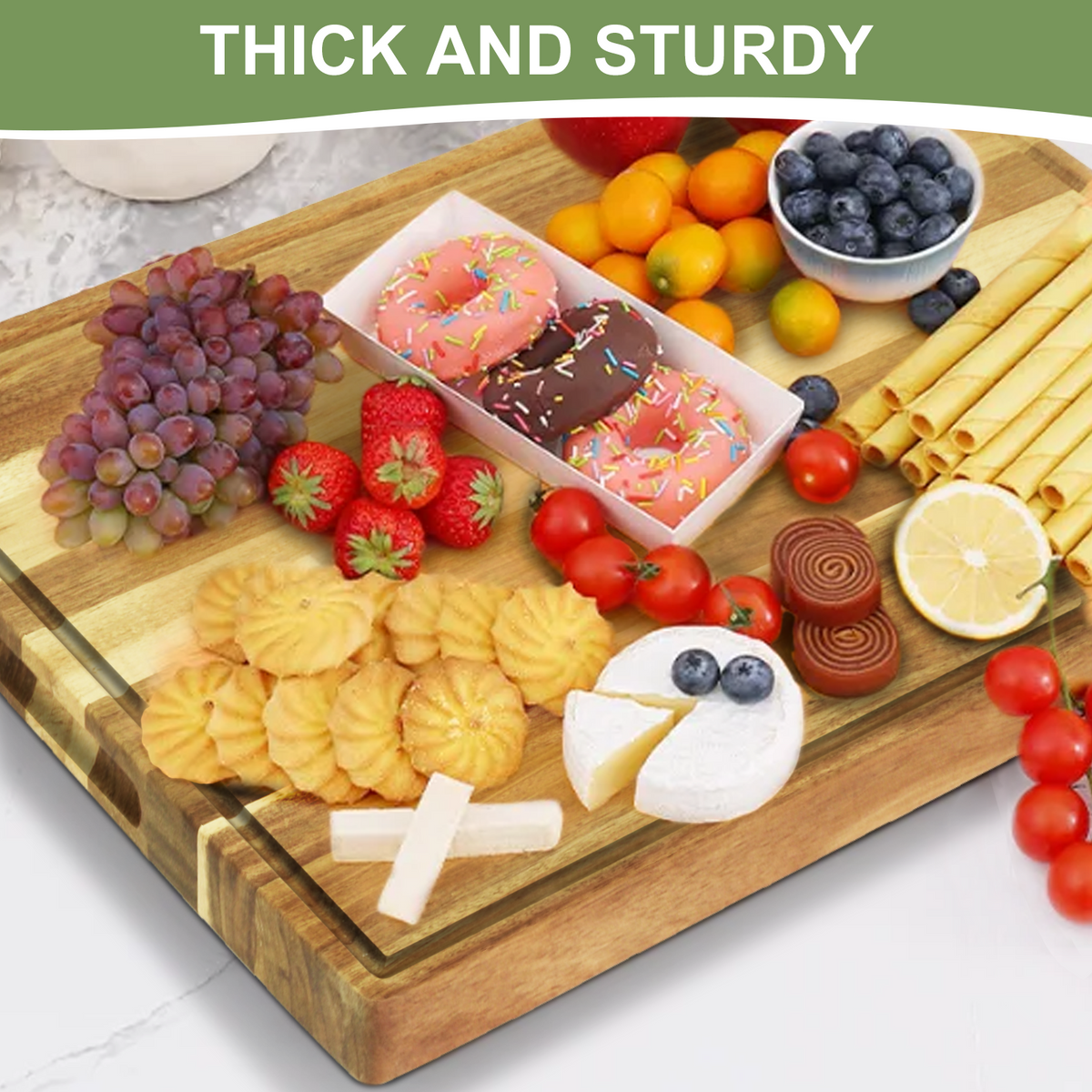 Large Acacia Wood Cutting Board, Non Plastic Non Toxic Cutting Boards For Kitchen, Wood Chopping Boards, Juice Groove, Built-in Handles 19.6x14.8in