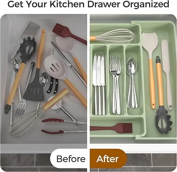 AEELLEEA Expandable Silverware Organizer Tray, Green Adjustable Kitchen Drawer Utensil Holder for Flatware