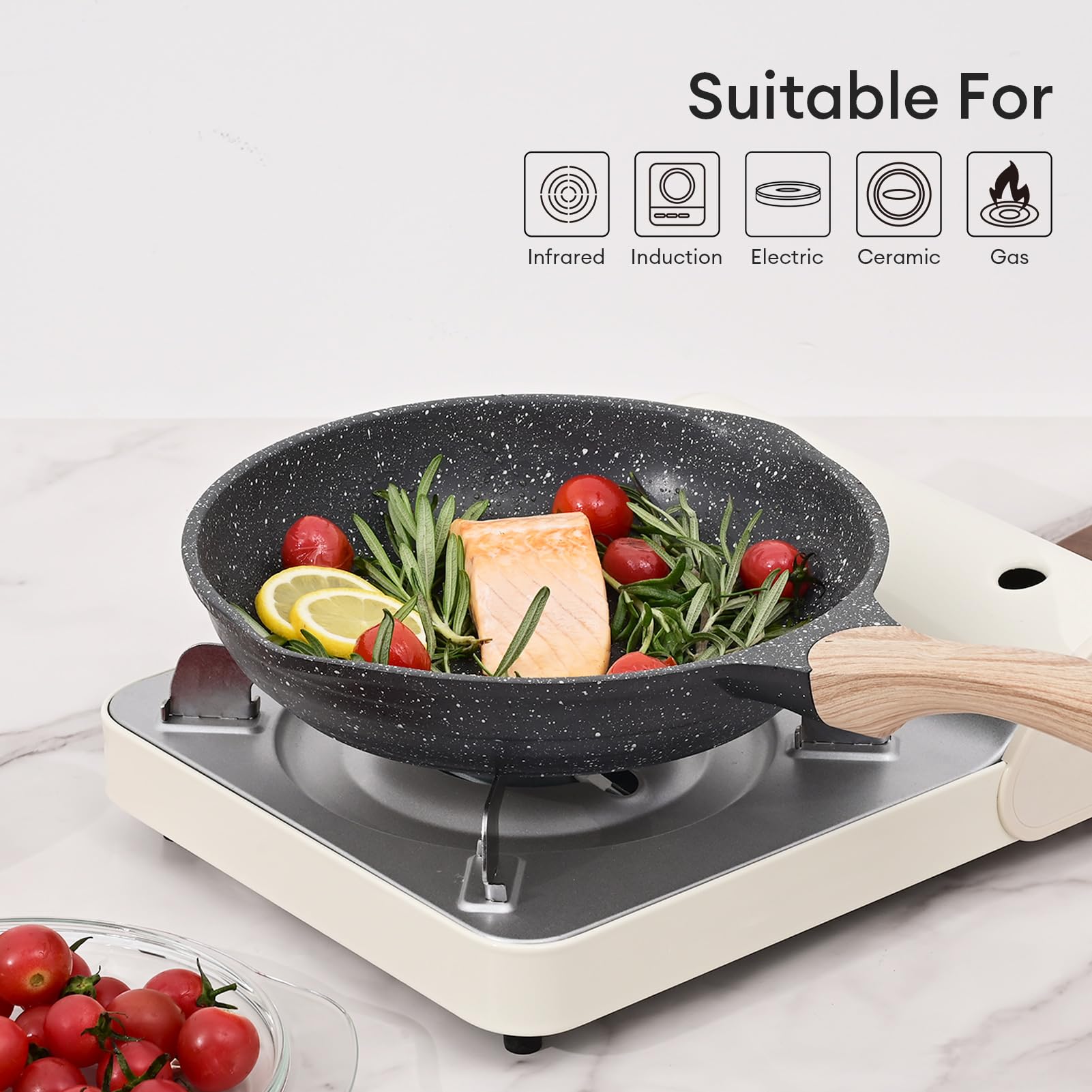 9.5 Inch Nonstick Frying Pan, Stone Coating Cookware Omelette Pan, Heat Resistant Handle, Compatible with All Stoves, Grey