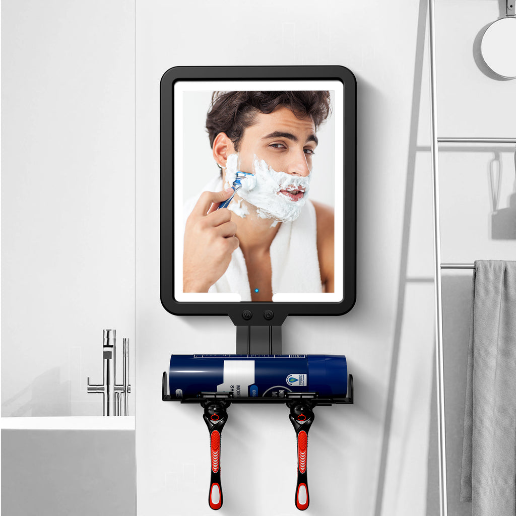 Lighted Fogless Shower Mirror for Shaving, Anti-Fog, 3 Color Dimmable, Adjustable, Razor & Foam Holder, Wall Mount