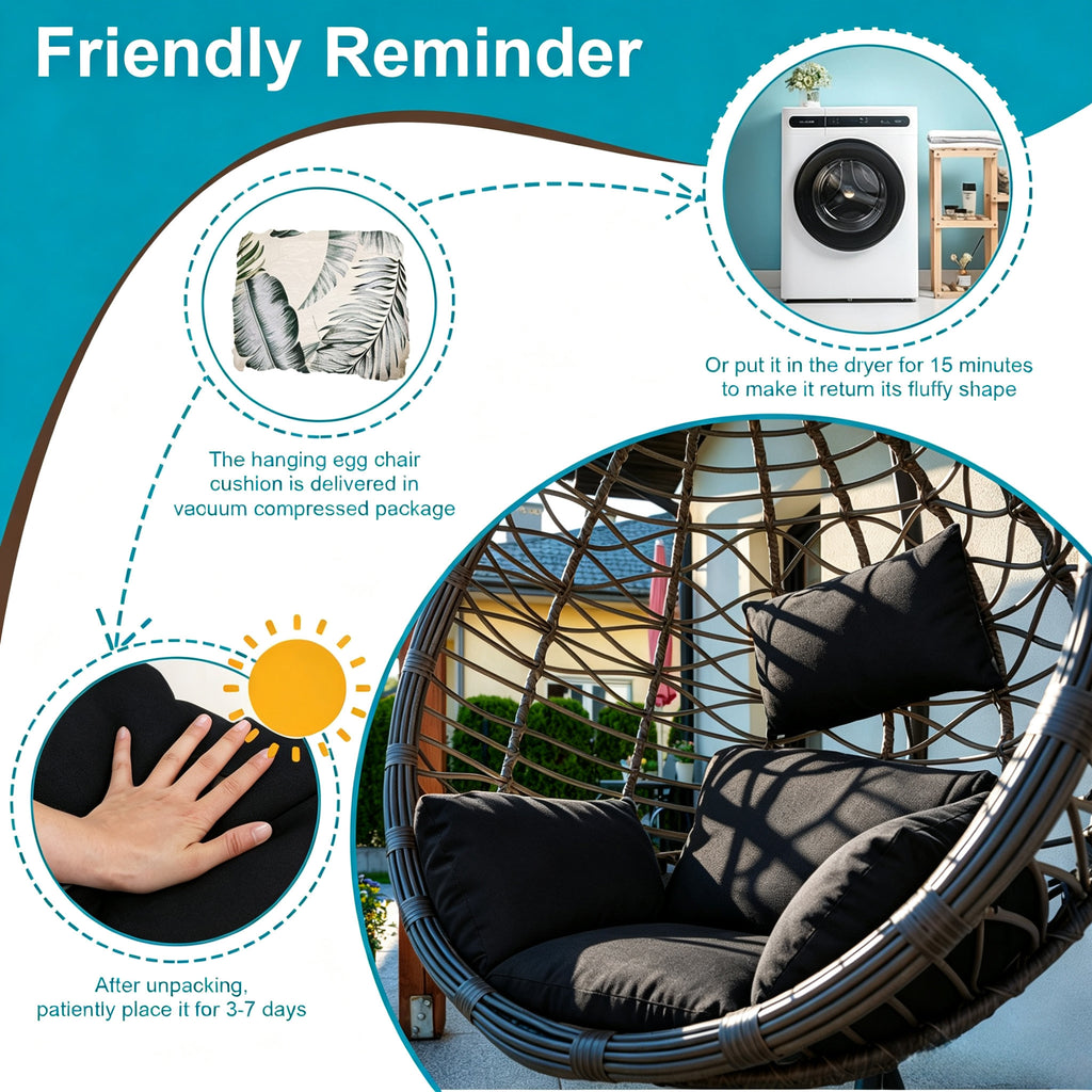 Hanging Egg Chair Cushion with Head Pillow, Thick Hollow Cotton Replacement Pad, Removable Washable Polyester Cover for Indoor Outdoor Wicker Swing Chair