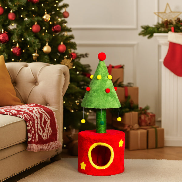 30in Cat Scratching Post with Cat House for Indoor Kitten, Small Cat Tree Tower with Sisal Post and Cute Hanging Balls