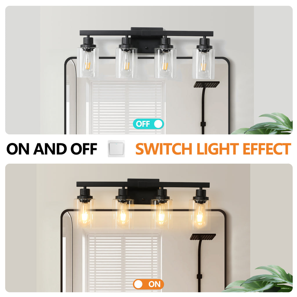 4-Light Vanity Makeup Mirror Lamp, Black Iron Base & Lamp Cup Connector, Clear Glass Lampshade, Wall Mounted Makeup Light for Dressing Table, Bedroom & Bathroom Home Decor