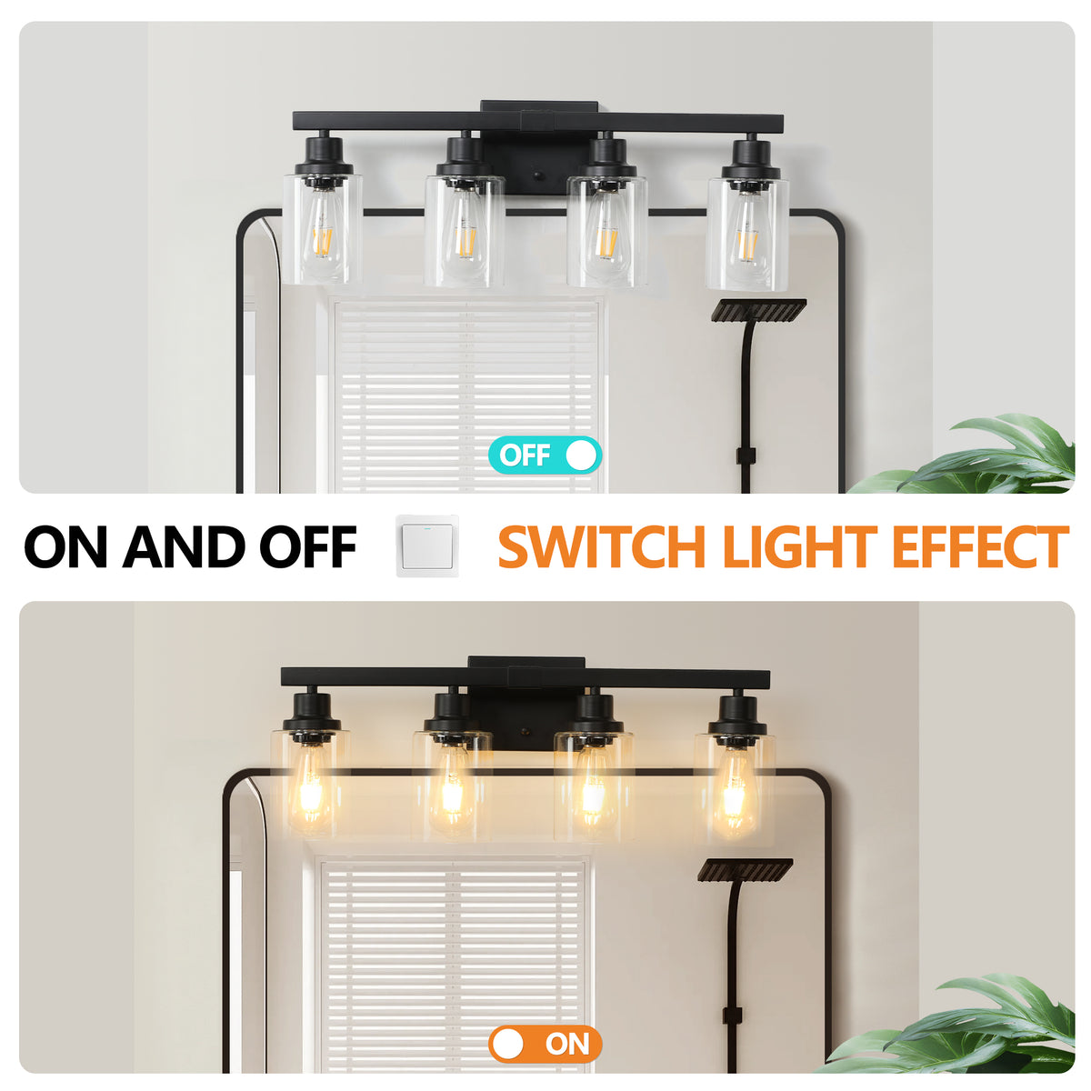 4-Light Vanity Makeup Mirror Lamp, Black Iron Base & Lamp Cup Connector, Clear Glass Lampshade, Wall Mounted Makeup Light for Dressing Table, Bedroom & Bathroom Home Decor
