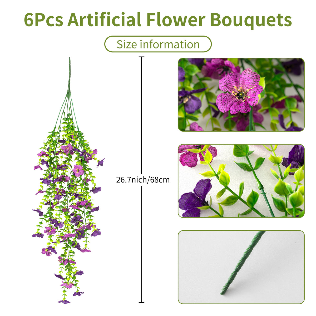 6Pcs Artificial Hanging Violet Flowers, 26.7in UV Resistant Fake Trailing Flower Vines for Porch Patio Outdoor Fall Decor
