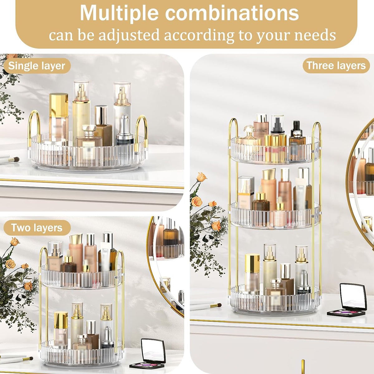 360 Rotating Lazy Susan Makeup Organizer, 3 Tiers Clear White High Capacity Cosmetic Storage for Vanity, Bathroom Countertop, Dresser, Skincare & Perfume Holder