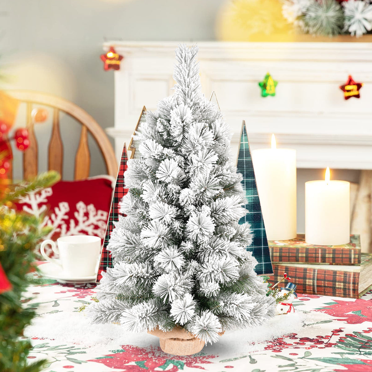 2 Ft Flocked Artificial Christmas Tree, Mini Tabletop Holiday Tree with Burlap Base, White Snowy Branches