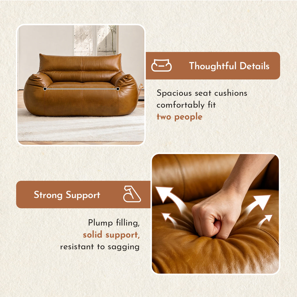 AEELLEEA 2-Seater Bean Bag Sofa, Faux Leather Loveseat with Foam Filling, Backrest and Armrests, Brown
