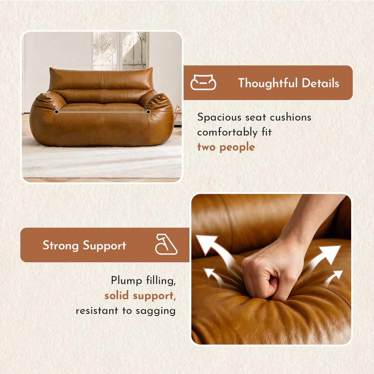 AEELLEEA 2-Seater Bean Bag Sofa, Faux Leather Loveseat with Foam Filling, Backrest and Armrests, Brown
