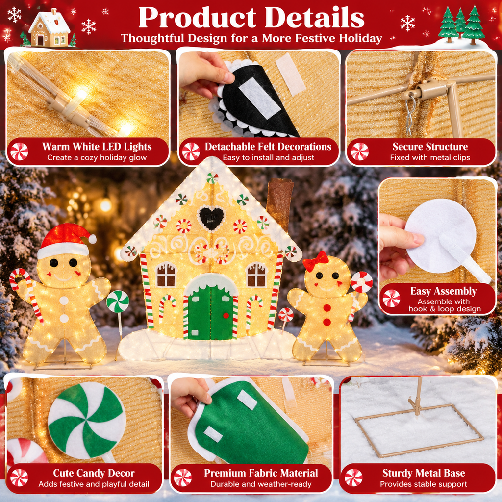 50" H 2D Gingerbread House Lighted Christmas Yard Decorations Set of 3 with 180 LED Lights