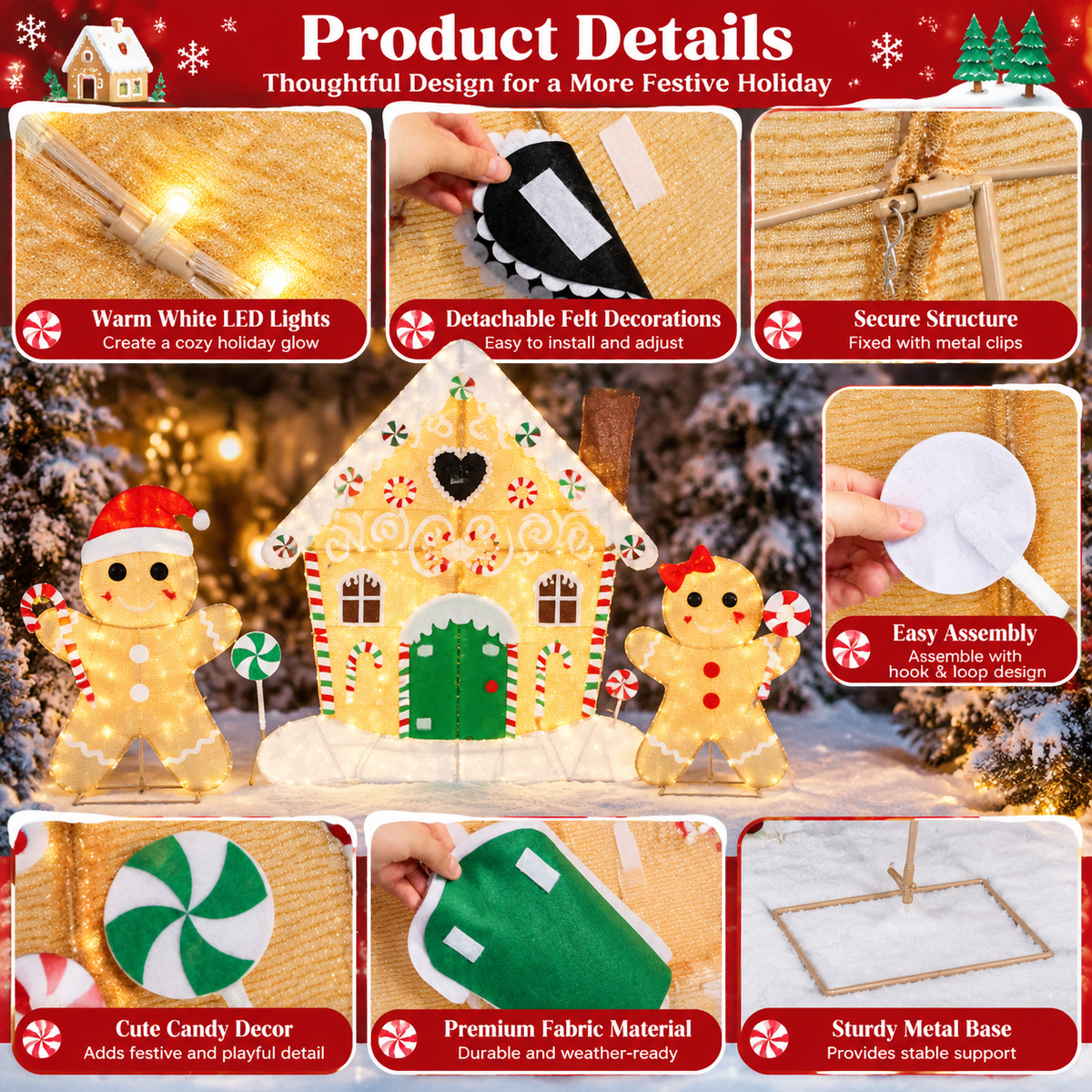 50" H 2D Gingerbread House Lighted Christmas Yard Decorations Set of 3 with 180 LED Lights
