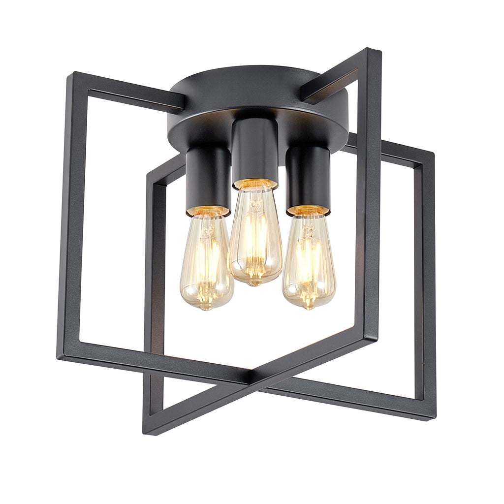3-Light Semi Flush Mount Ceiling Light, Industrial Black Metal Geometric Square Cage Chandelier, Farmhouse Ceiling Lamp for Bedroom Living Room Hallway Entryway Home Decor