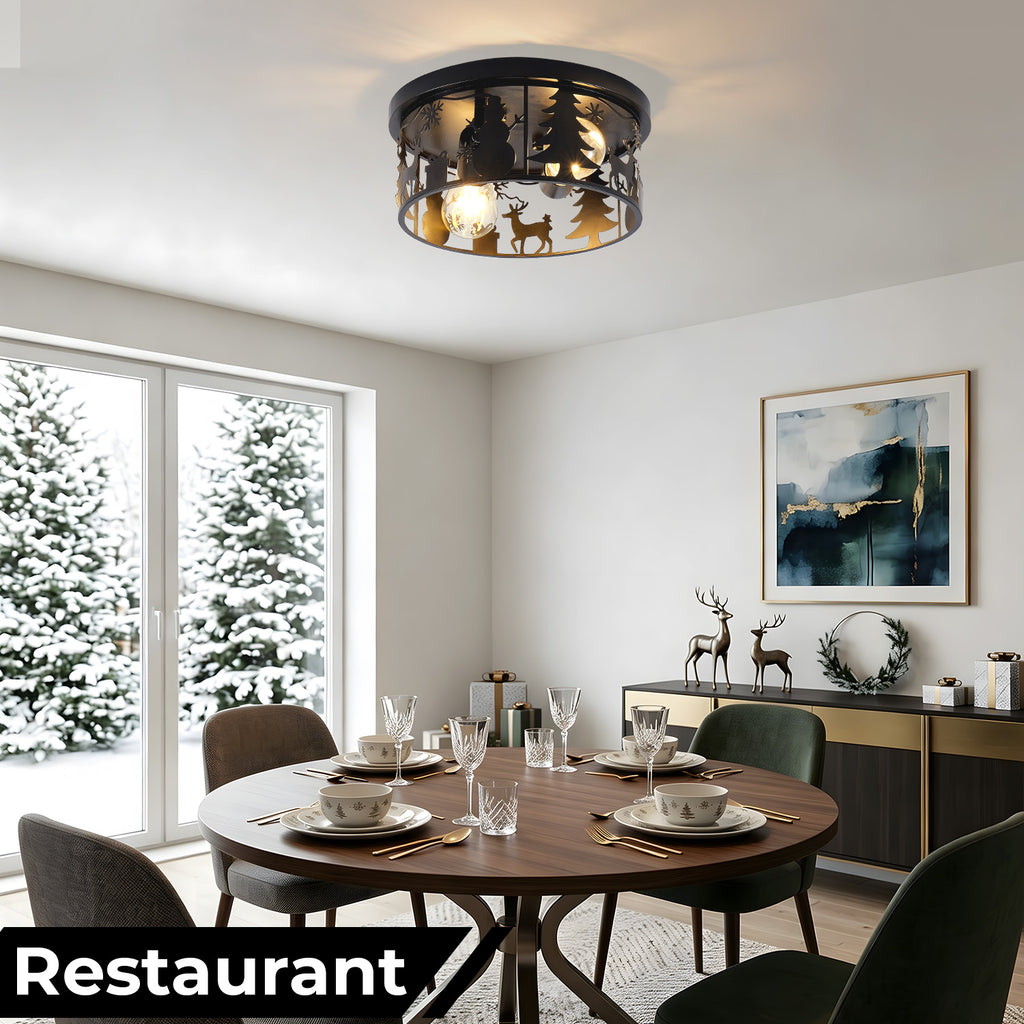 2 Pack Round Matte Black Flush Mount Ceiling Light, Christmas Snowman Deer Tree Cutout Iron Lamp, Vintage E26 Ceiling Light for Bedroom Hallway