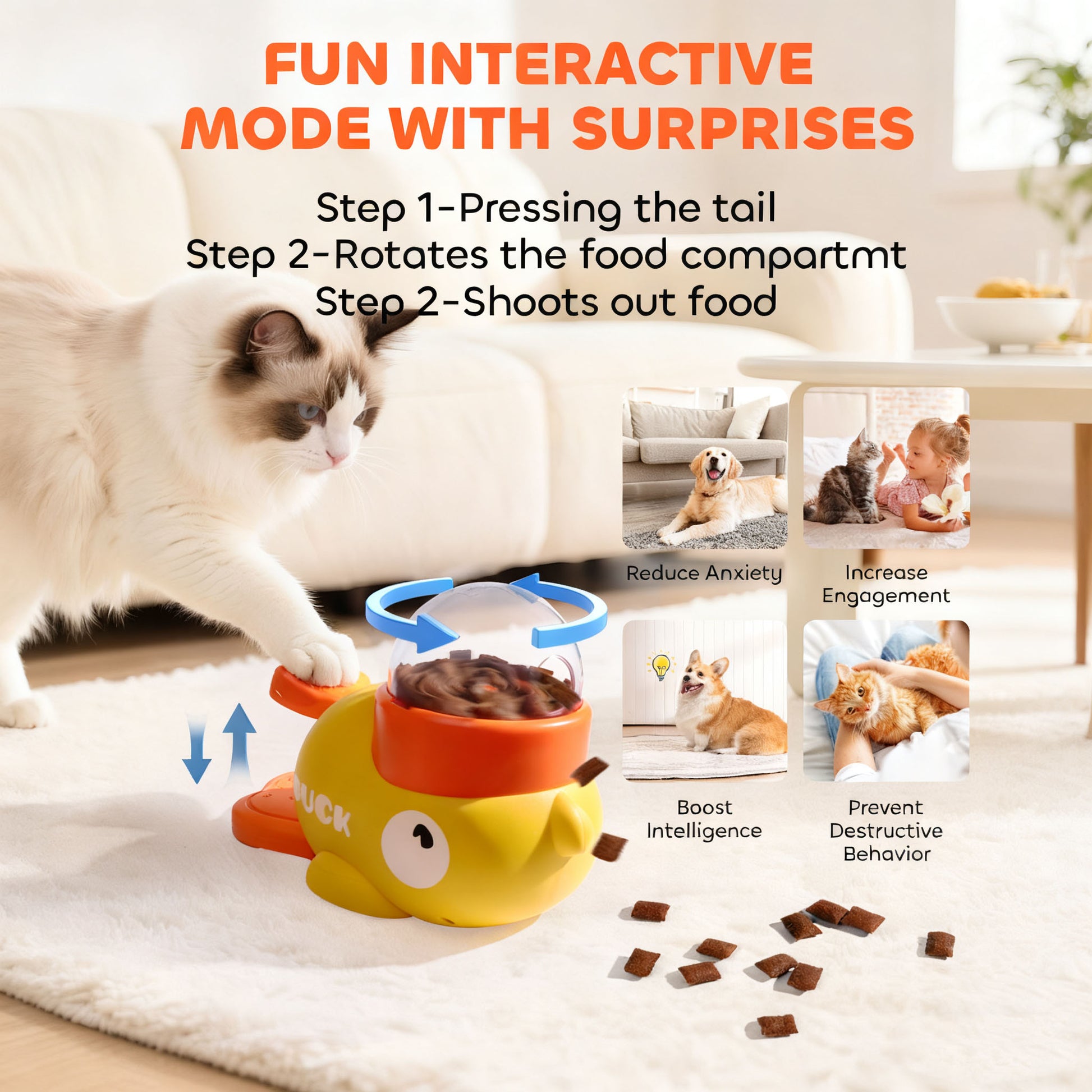 Duck Interactive Treat Dispenser - 2-in-1 Dog Puzzle Toy with Button, Slow Feeder for Small & Medium Dogs/Cats, IQ Training & Entertainment