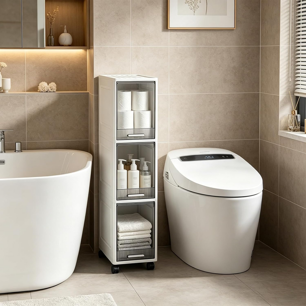 Slim Narrow Bathroom Storage Cabinet, Skinny Rolling Storage Shelf with Wheels, Ample Storage & Waterproof, Freestanding Gap Holder for Bathroom, Kitchen, Entryway & Small Spaces