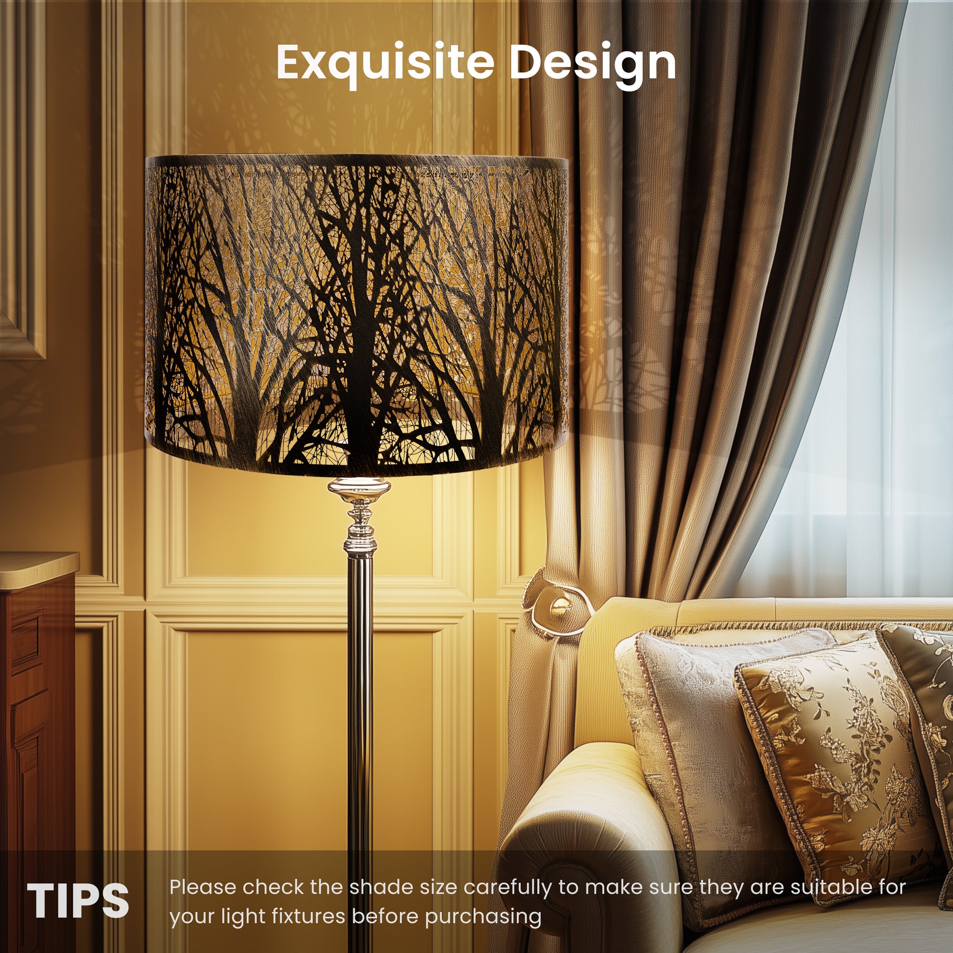 ALUCSET 18"×12" Drum Metal Lamp Shade, Black Gold Forest Etched Tree Shadow Lampshade with Spider Fitter for Table, Floor & Pendant Lights