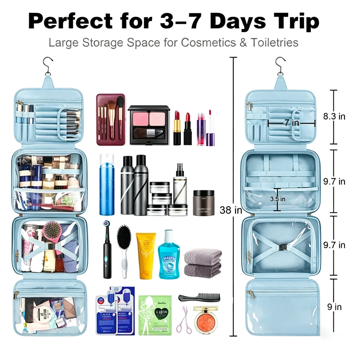 PU Leather Hanging Travel Toiletry Bag, Large Capacity Waterproof Makeup Organizer Case with Hook, Portable Cosmetic Storage Bag for Vacation Business Trip
