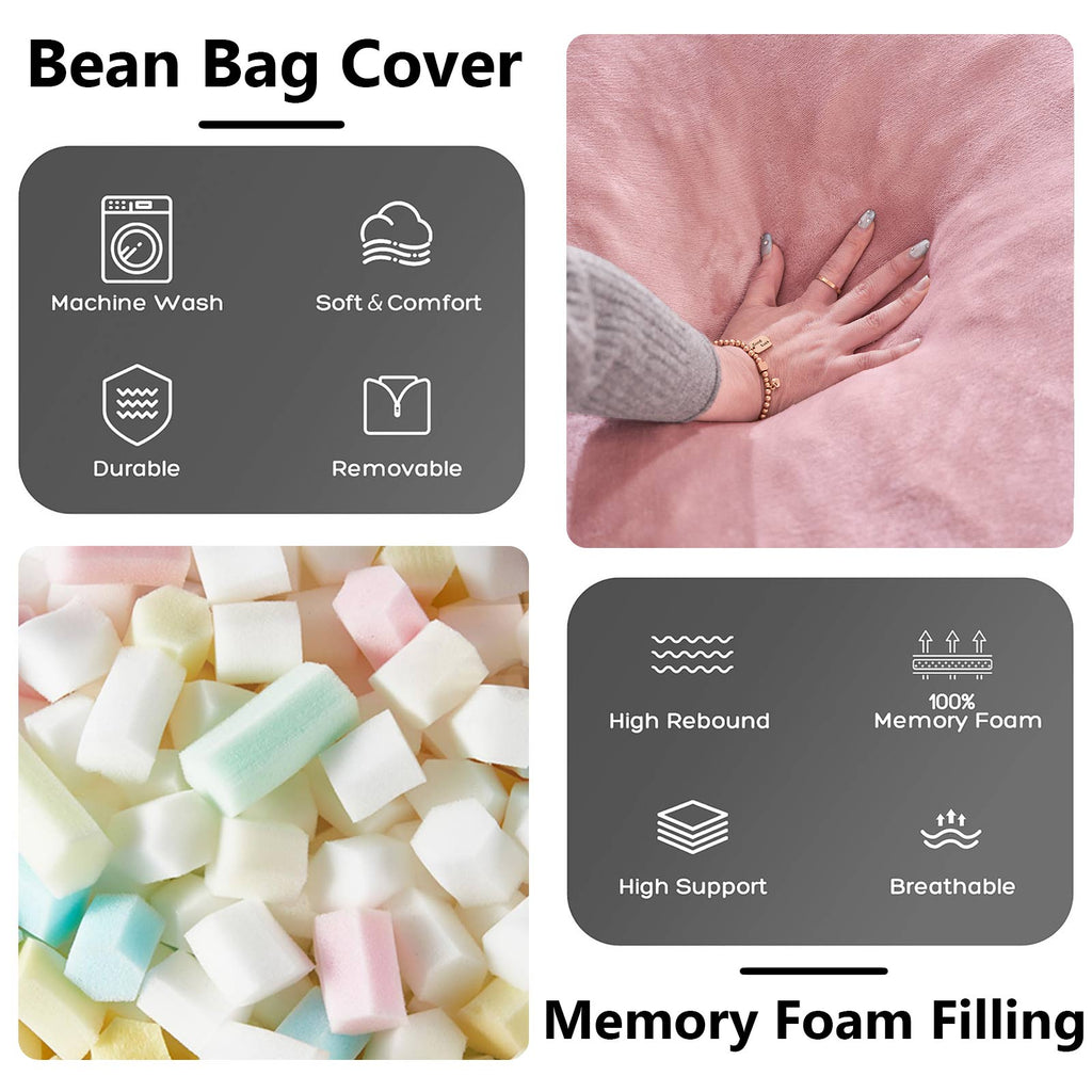3 ft Pink Bean Bag Chair with Memory Foam Filling, Soft Teddy Velvet, Removable Washable Cover for Living Room