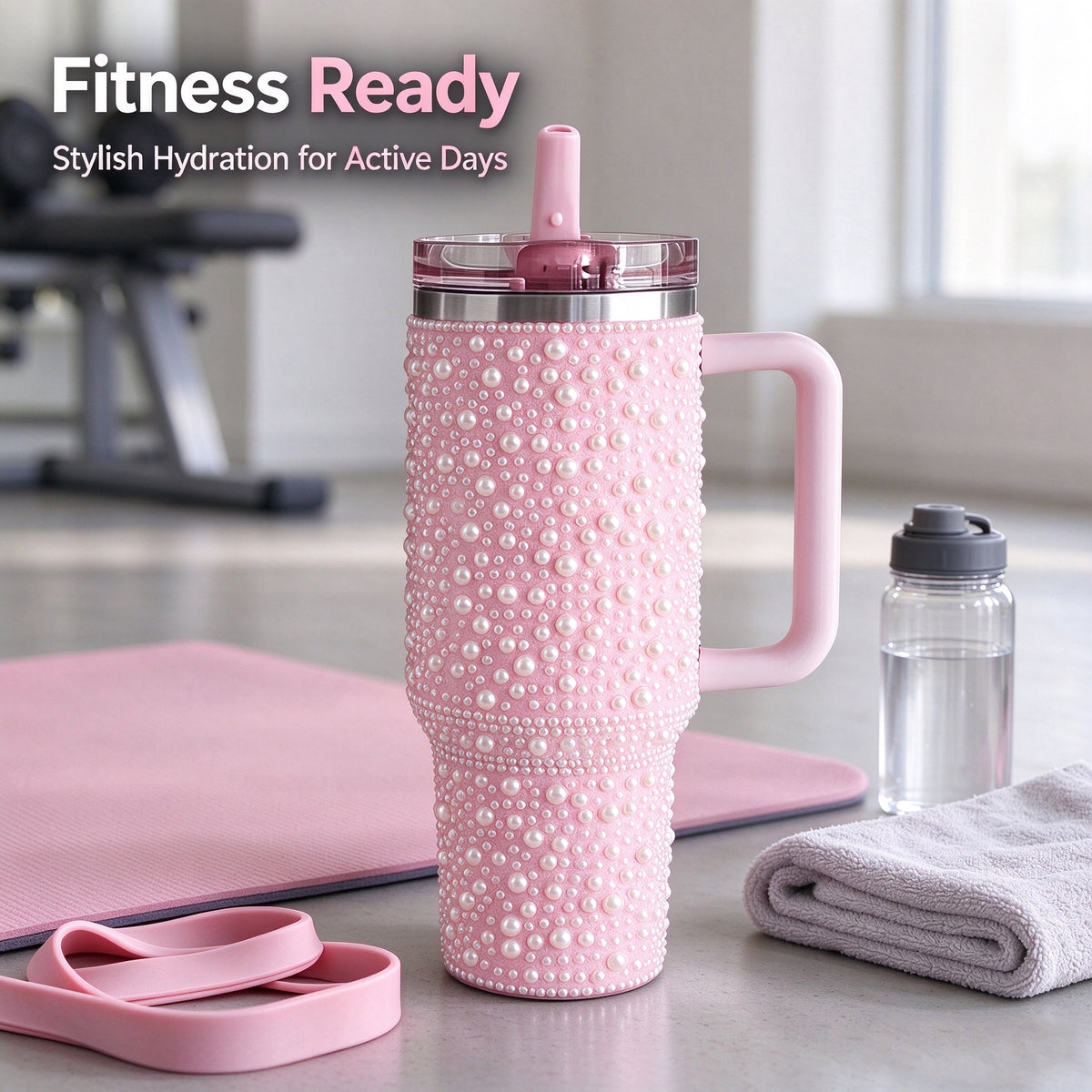 40oz Stainless Steel Insulated Tumbler with Lid and Straw, Double Wall Travel Coffee Cup with Pearl Rhinestone Design, Christmas Gift for Women
