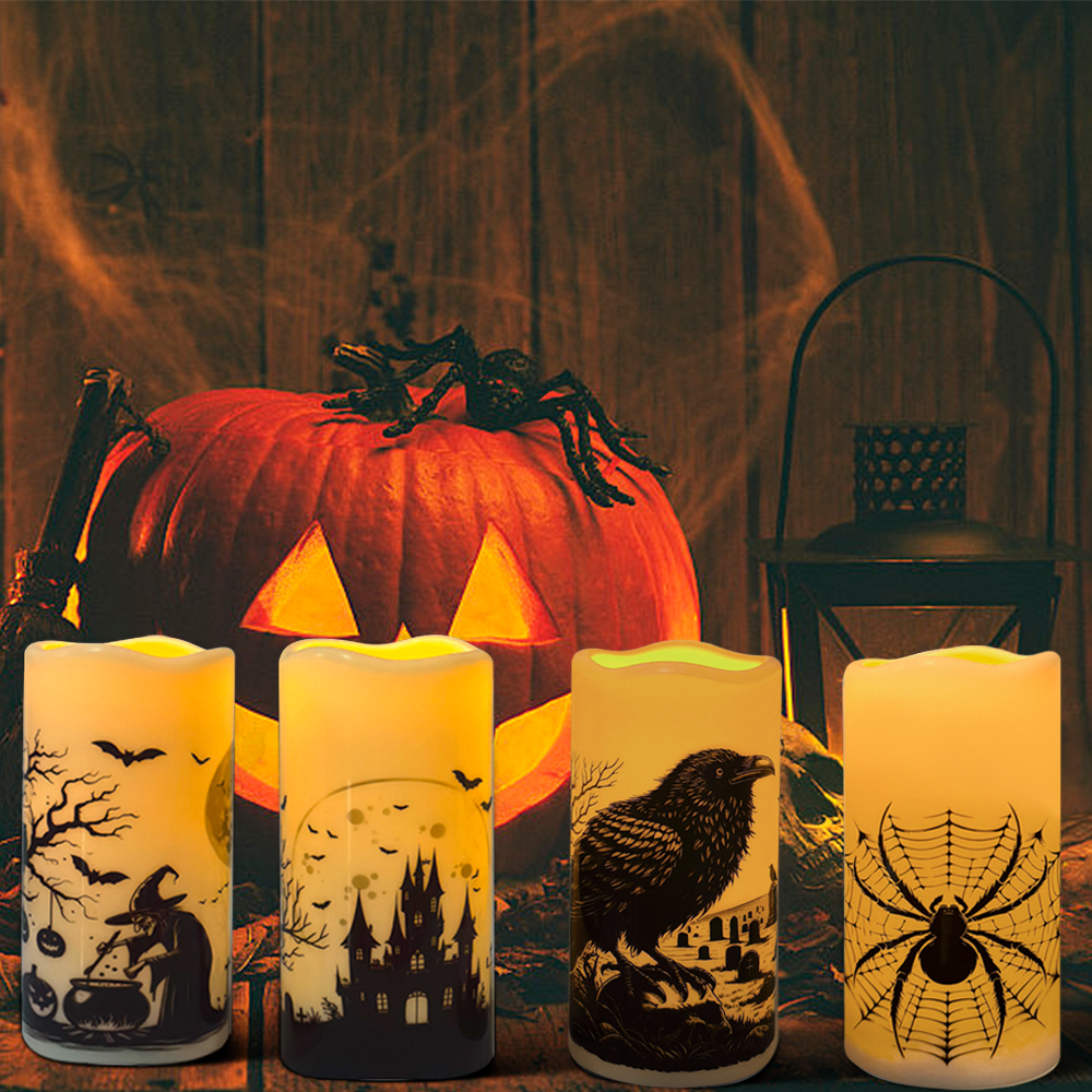Halloween LED Flameless Flickering Candles,Horror stickers such as skeletons, spider webs, crows, ravens, etc., Halloween-themed indoor decorations (3-piece set, diameter 3 inches x height 6 inches)
