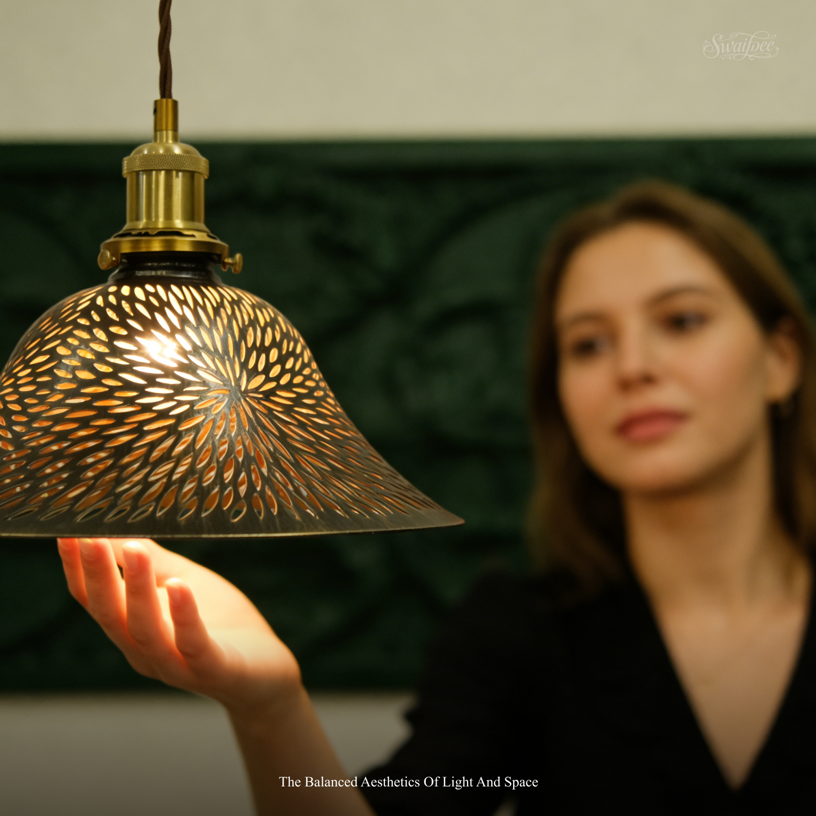 Vintage Cutout Metal Pendant Light, Gold Interior Laser Engraved Hanging Lamp for Kitchen Island Dining Room