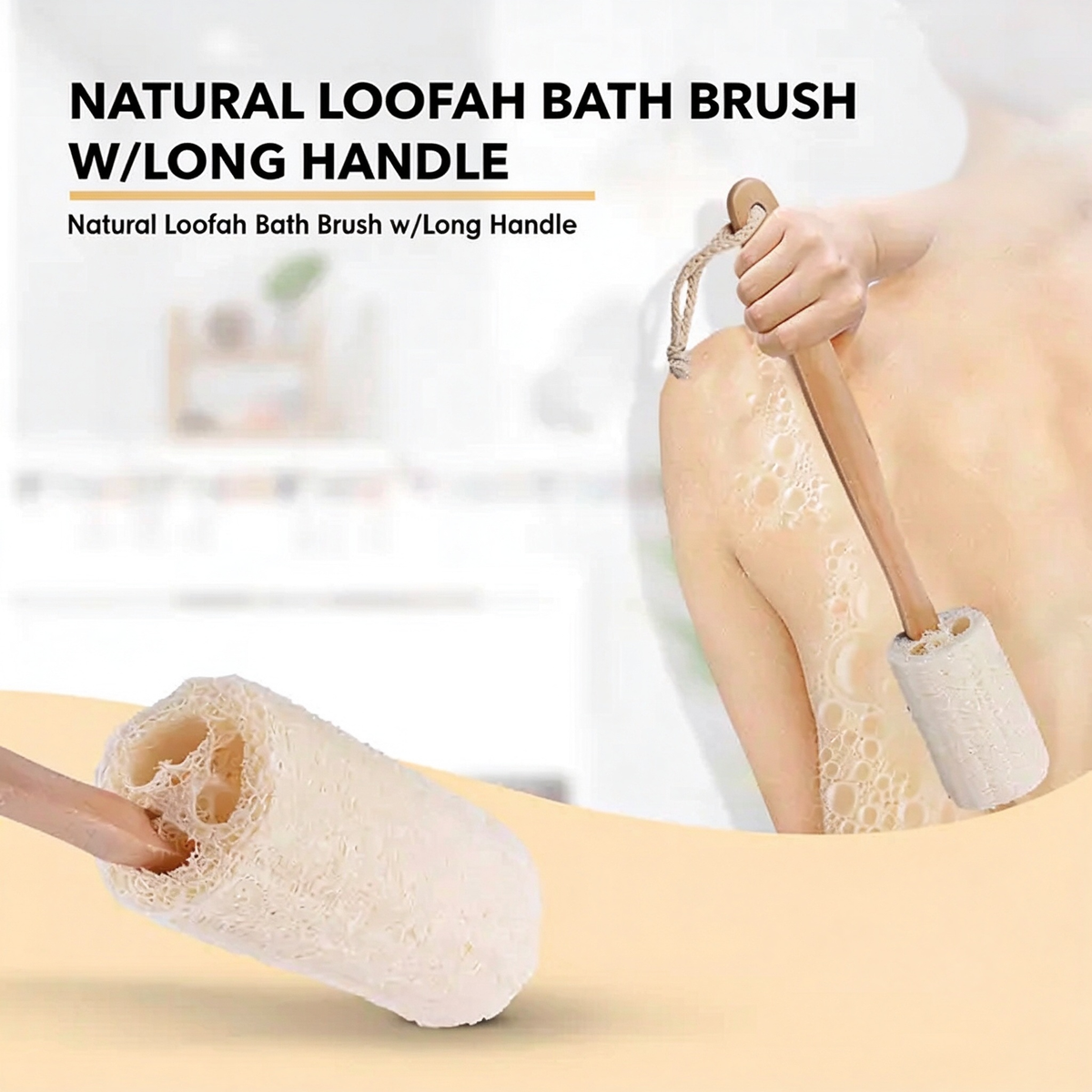 AEELLEEA Natural Loofah Bath Brush with Long Wooden Handle, Exfoliating Shower Scrubber for Back Body