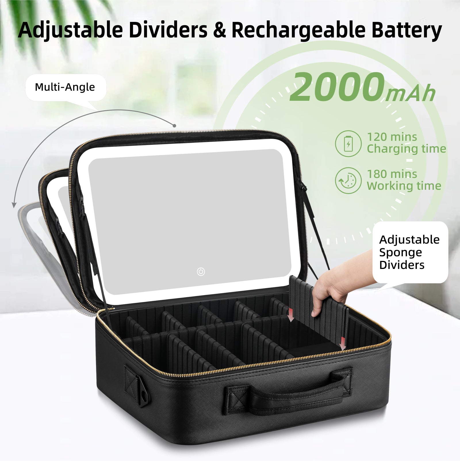 15" Lighted Makeup Organizer 3Color Mirror Adjustable Dividers Travel Ready