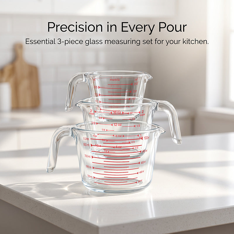 3-Piece Glass Measuring Cups Set, 8 oz 16 oz & 32 oz Liquid Measuring Cups, Clear Glass with Easy-Read Markings, Dishwasher, Oven & Microwave Safe