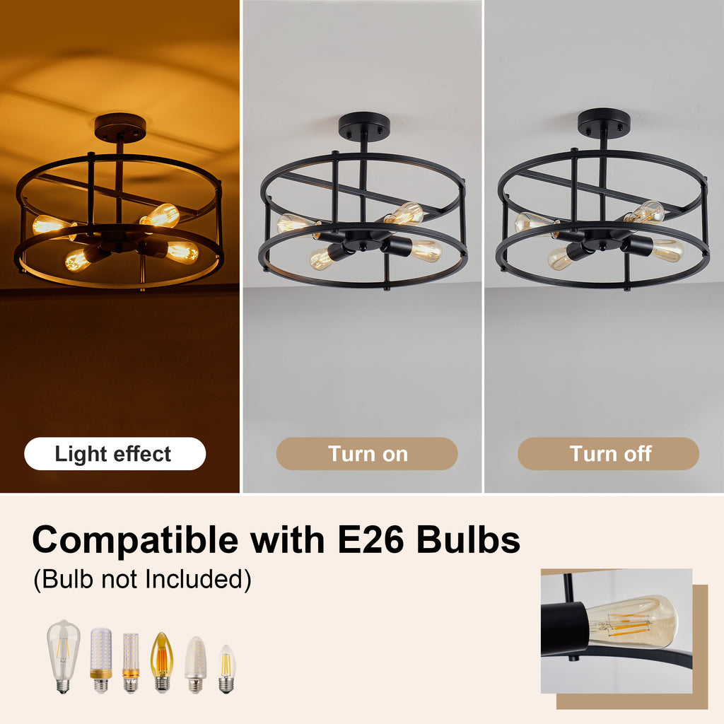 4-Light Semi Flush Mount Ceiling Light, Industrial Black Metal Circular Frame Cage Chandelier, Farmhouse Ceiling Lamp for Bedroom Living Room Hallway Entryway Home Decor