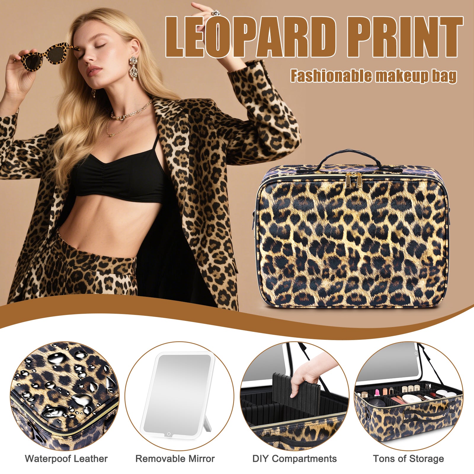 15" Lighted Makeup Organizer 3Color Mirror Adjustable Dividers Travel Ready