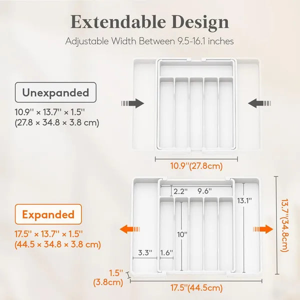 AEELLEEA Expandable Silverware Drawer Organizer Tray, White Adjustable Kitchen Utensil Holder for Flatware