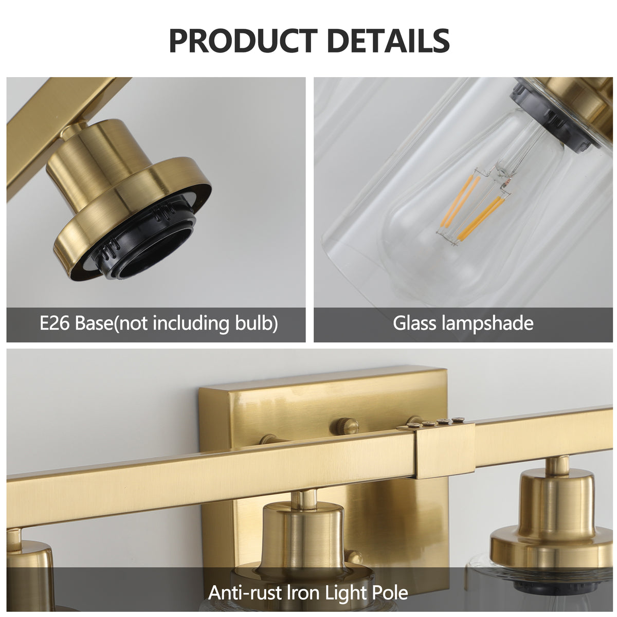 4-Light Vanity Makeup Mirror Lamp, Brass Finish Iron Base & Lamp Cup Connector, Clear Glass Lampshade, Wall Mounted Makeup Light for Dressing Table, Bedroom & Bathroom Home Decor