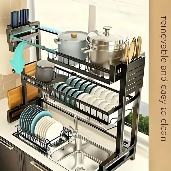 Aeelleea Retractable Dish Drying Rack, Single/Double Layer Countertop Sink Drain Rack, Black Kitchen Dish Storage