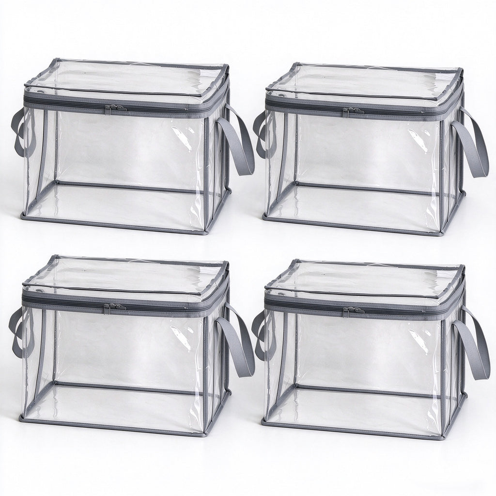 4 Pack Stackable Foldable Transparent Storage Box with Zipper Lid & Handles, Home Office Closet Organizer for Clothes Books File