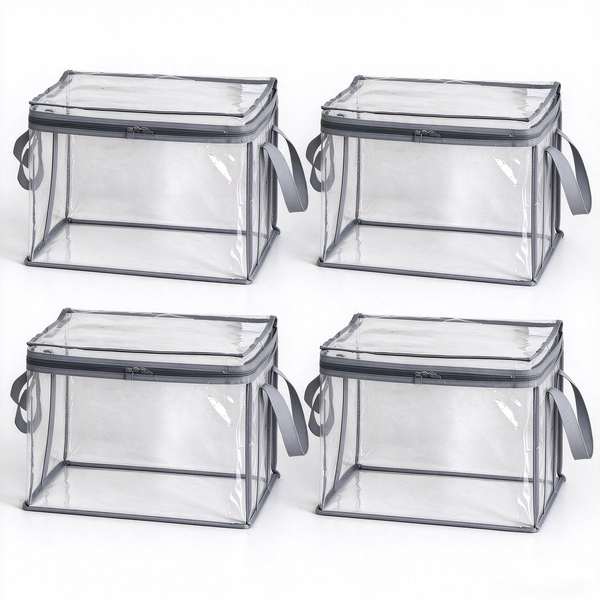 4 Pack Stackable Foldable Transparent Storage Box with Zipper Lid & Handles, Home Office Closet Organizer for Clothes Books File
