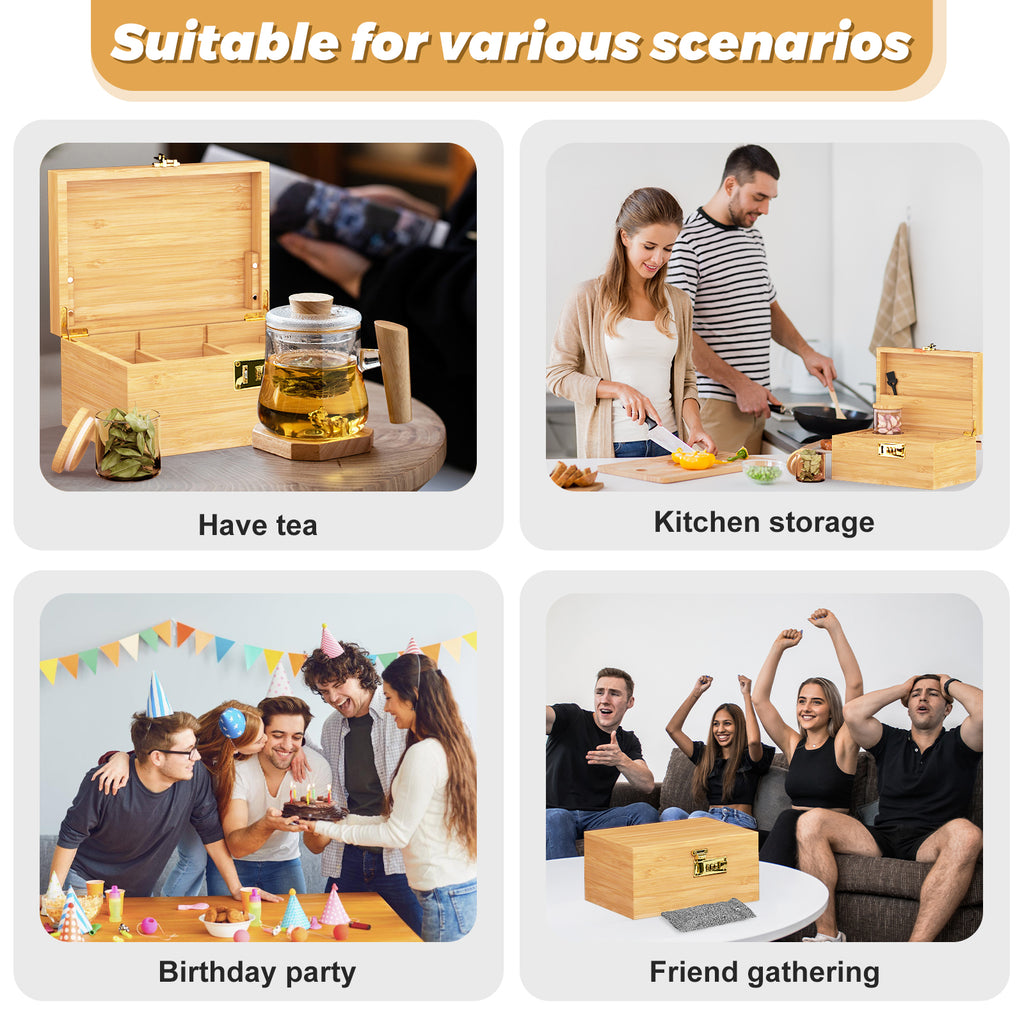 Premium Large Bamboo Box With Combination Lock Decorative Box For Home, Box Kit With Glass Jars And Organizer Tray - Storage Wood Box Accessories