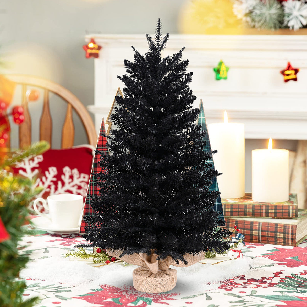 2ft Black Artificial Mini Christmas Tree, Small Tabletop Christmas Tree with Burlap Base, Hinged Branches for Home Table Holiday Halloween Xmas Decor